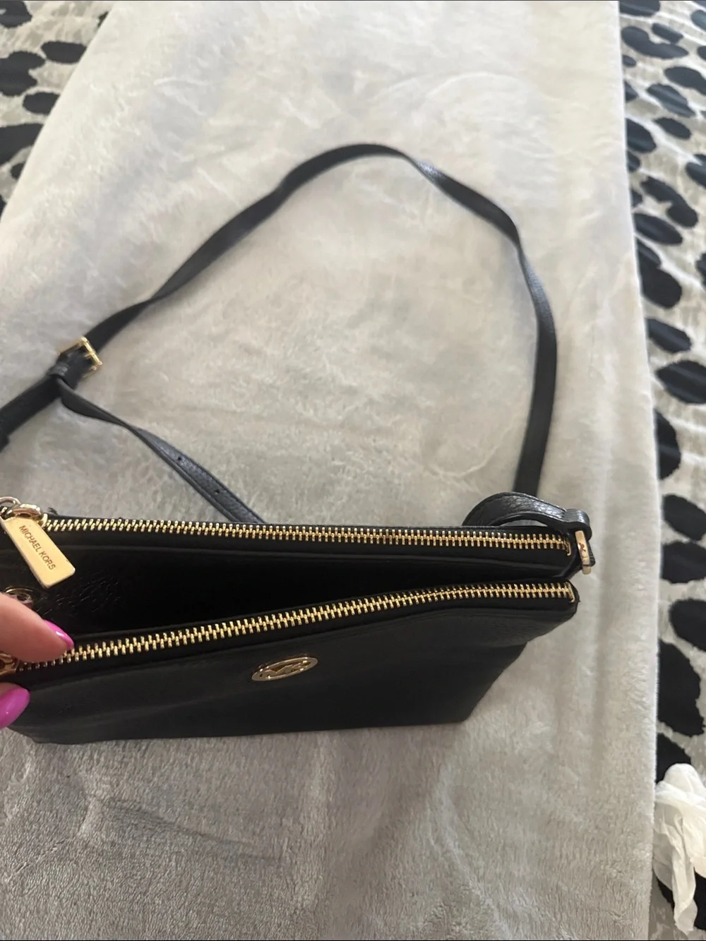 Michael Kors Black Leather Crossbody with Gold MK Emblem - Picture 3 of 5